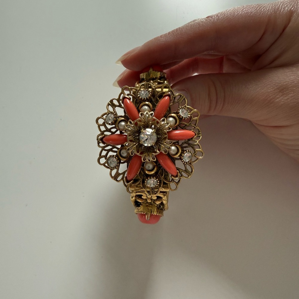 Vintage Gold and Coral Floral Bracelet